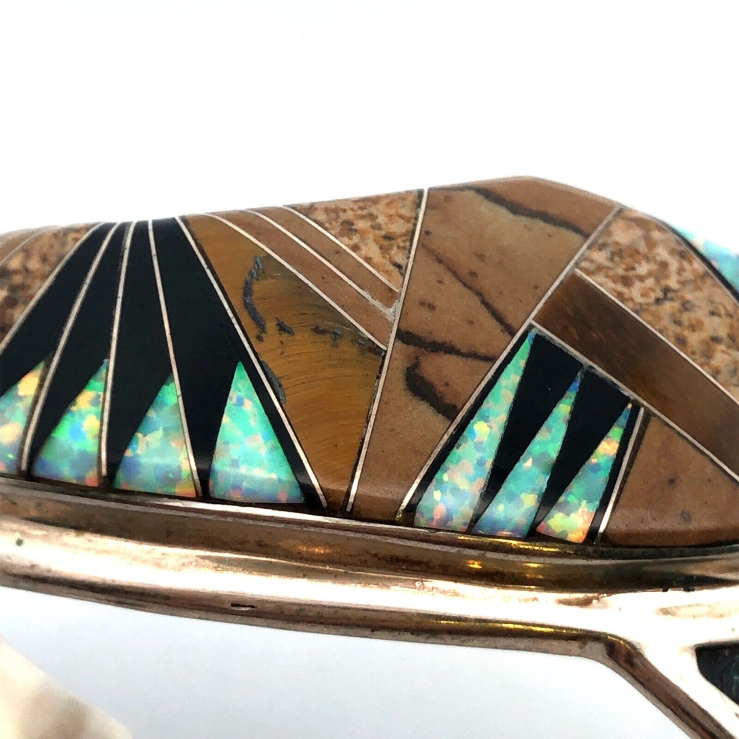 Calvin Begay Sterling Silver Mixed Gemstone Inlay Open Storyteller Cuff Bracelet