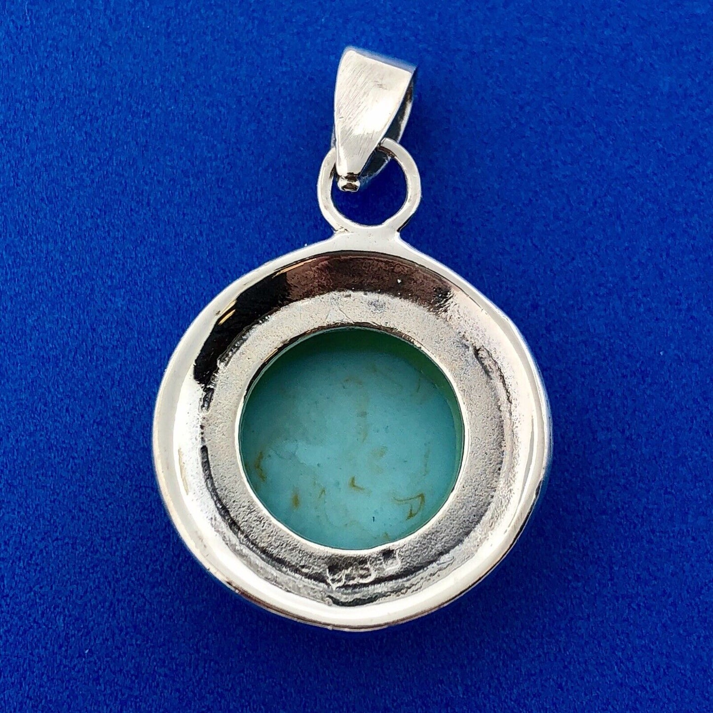 Designer 925 Sterling Silver Turquoise Art Glass Cabochon Bead Work Disc Pendant