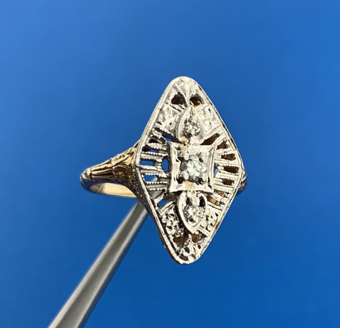 Art Deco 14K Yellow White Gold Diamond Open Work Filigree Cocktail Ring