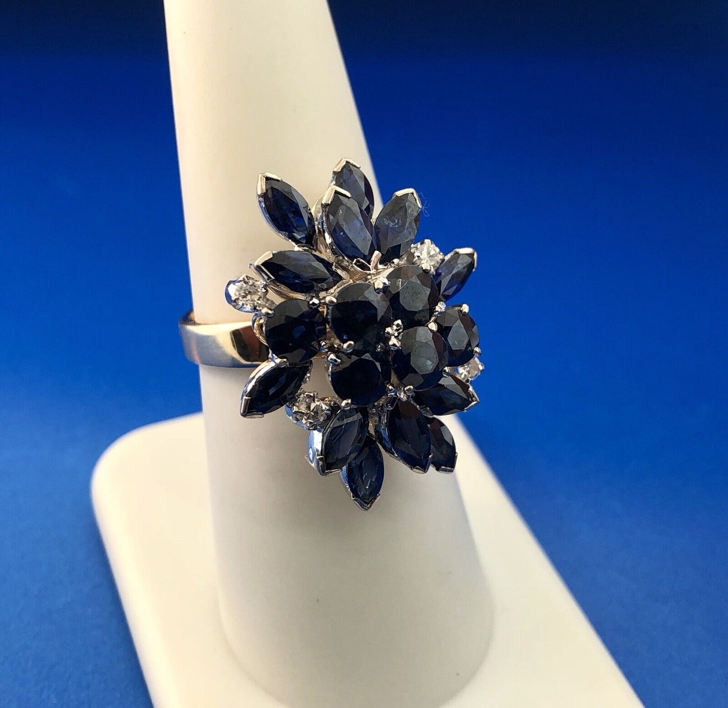 Estate 1982 14K Yellow Gold Sapphire Diamond Waterfall Cluster Statement Ring