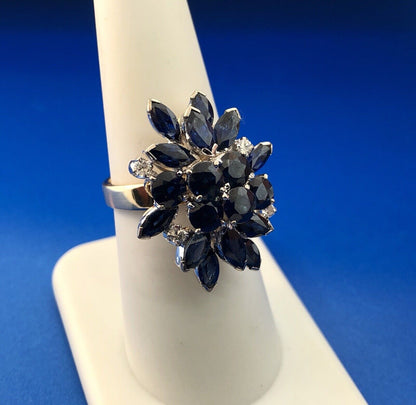 Estate 1982 14K Yellow Gold Sapphire Diamond Waterfall Cluster Statement Ring