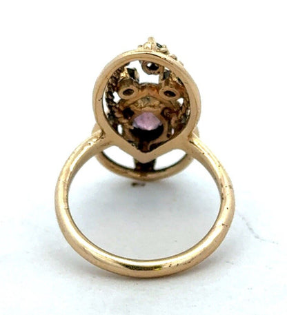 Vintage 14K Yellow Gold Oval Purple Amethyst Diamond Art Deco Ring