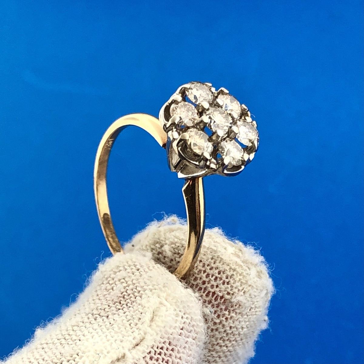 Estate 14K Yellow White Gold Diamond Floral Cluster Anniversary Cocktail Ring