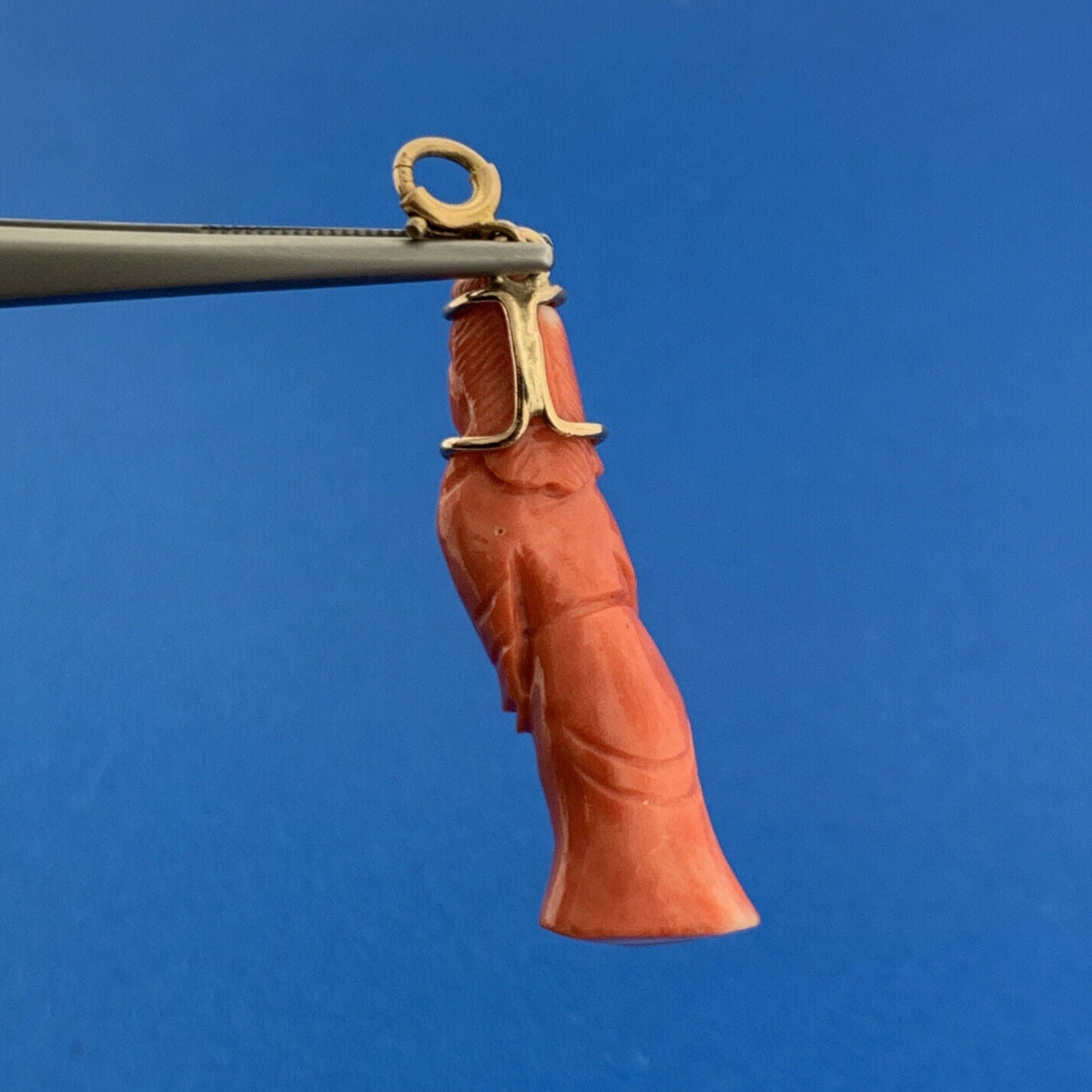 Gorgeous 14k Yellow Gold Carved Coral Chinese Eastern Wise Man Dangle Pendant