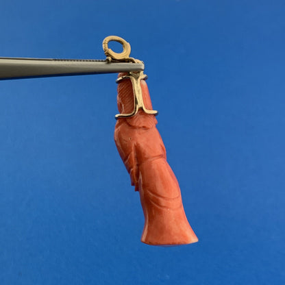 Gorgeous 14k Yellow Gold Carved Coral Chinese Eastern Wise Man Dangle Pendant