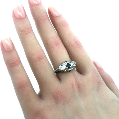 Vintage Platinum Oval Sapphire Round Diamond Trio Filigree Engagement Ring