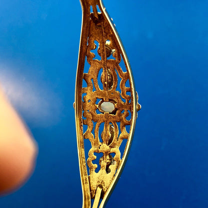 Art Deco 14K Yellow Gold Ornate Opal Scroll Decorative Scroll Bangle Bracelet