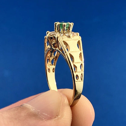 Modernist 14K Yellow Gold Emerald Diamond Halo Floral May Anniversary Ring