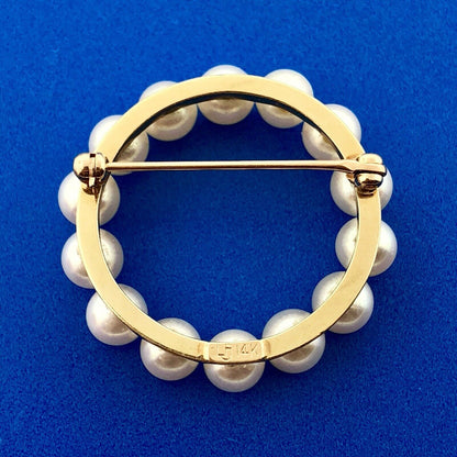 Vintage 14K Yellow Gold 6 MM Pearl Wreath Pin Brooch Pendant