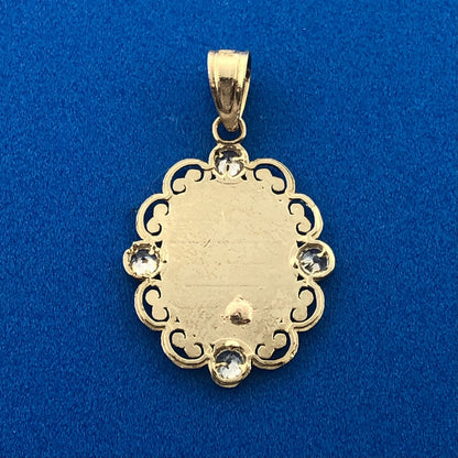 10K Tri Gold White Topaz Mi Bautizo God Bless Baptism Oval Filigree Pendant