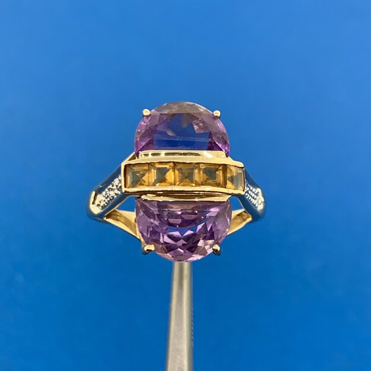 Designer THL 10K Yellow Gold Amethyst Citrine Diamond Accent Statement Ring