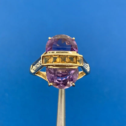 Designer THL 10K Yellow Gold Amethyst Citrine Diamond Accent Statement Ring