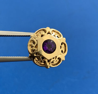 Designer 14K Yellow Gold Round Amethyst Floral Scroll Slide Bracelet Charm