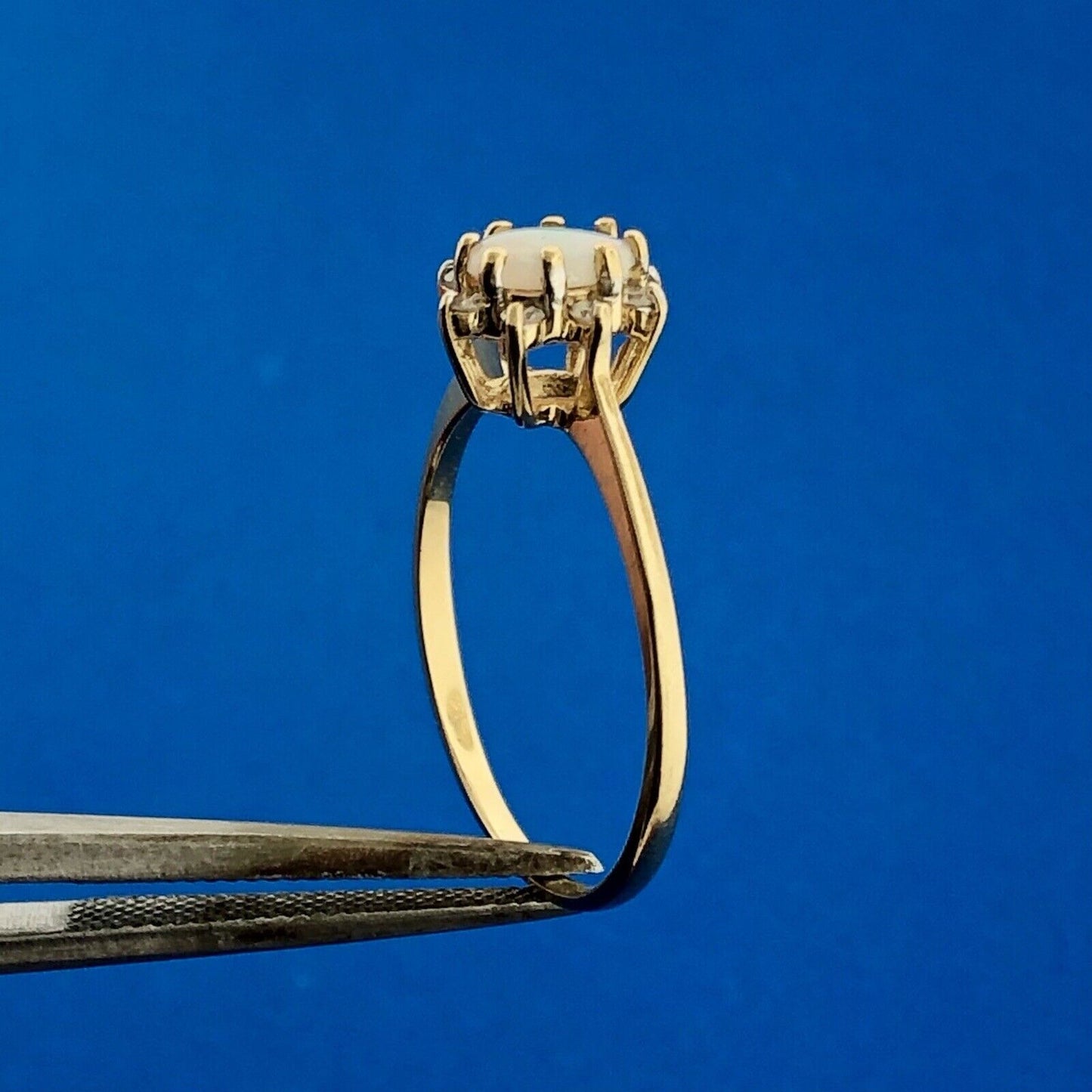 Vintage 14K Yellow Gold Oval Opal Cabochon Diamond Halo October Anniversary Ring