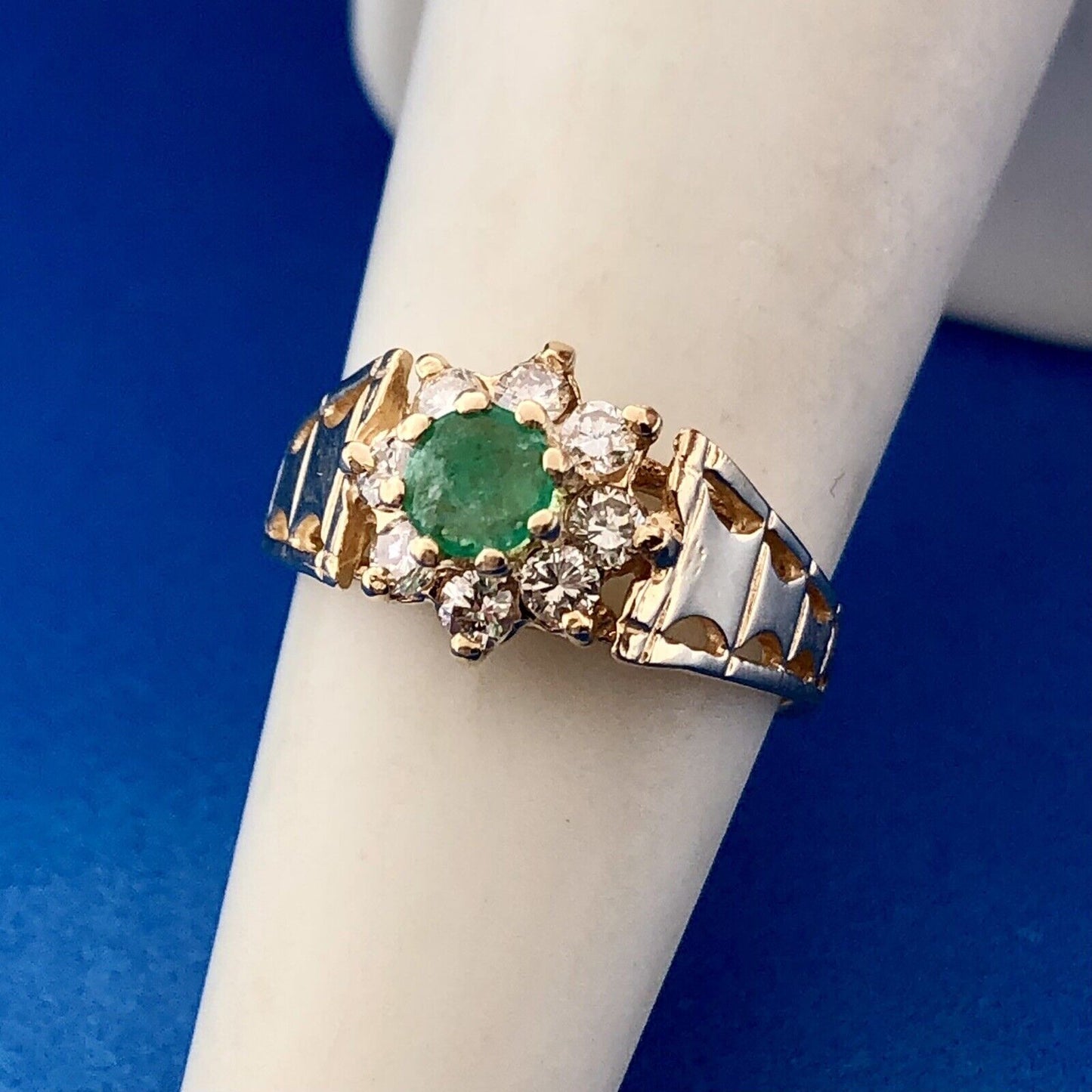 Modernist 14K Yellow Gold Emerald Diamond Halo Floral May Anniversary Ring