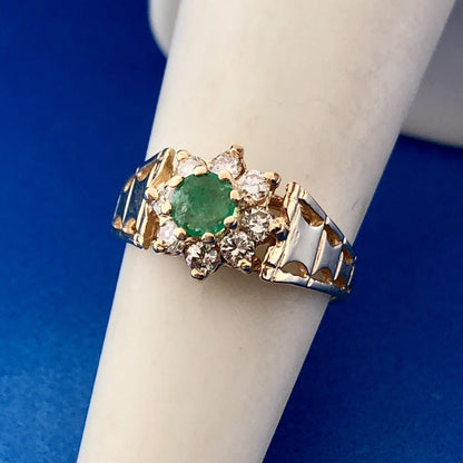Modernist 14K Yellow Gold Emerald Diamond Halo Floral May Anniversary Ring