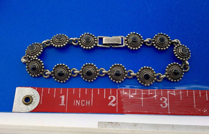 Charming Silver Tone Black Onyx Cabochon Floral Petite Bead Panel Bracelet