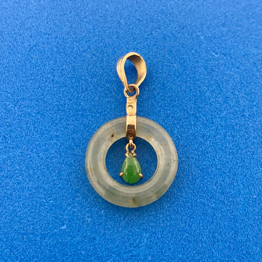 Gorgeous 14k Yellow Gold Cabochon Green Jade Teardrop Halo Dangle Pendant