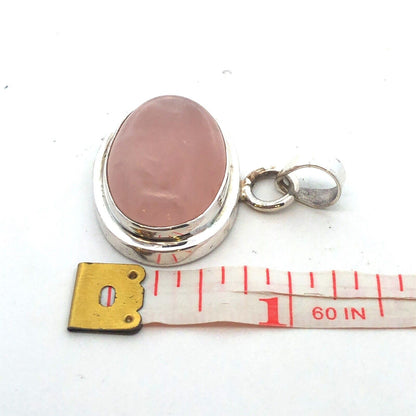 Vintage 925 Sterling Silver Oval Rose Quartz Cabochon Statement Pendant