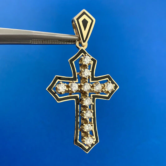 Designer 10K Yellow Gold Cubic Zirconia CZ Black Enamel Statement Cross Pendant