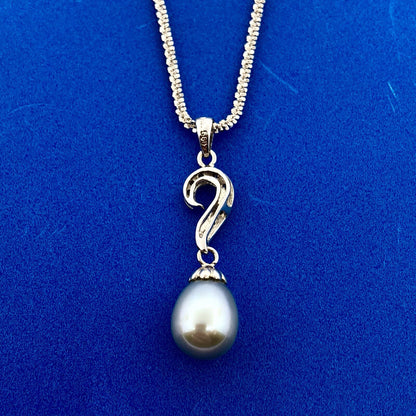 Retro 14K White Gold Gray Pearl Diamond Wedding Anniversary Sweetheart Necklace