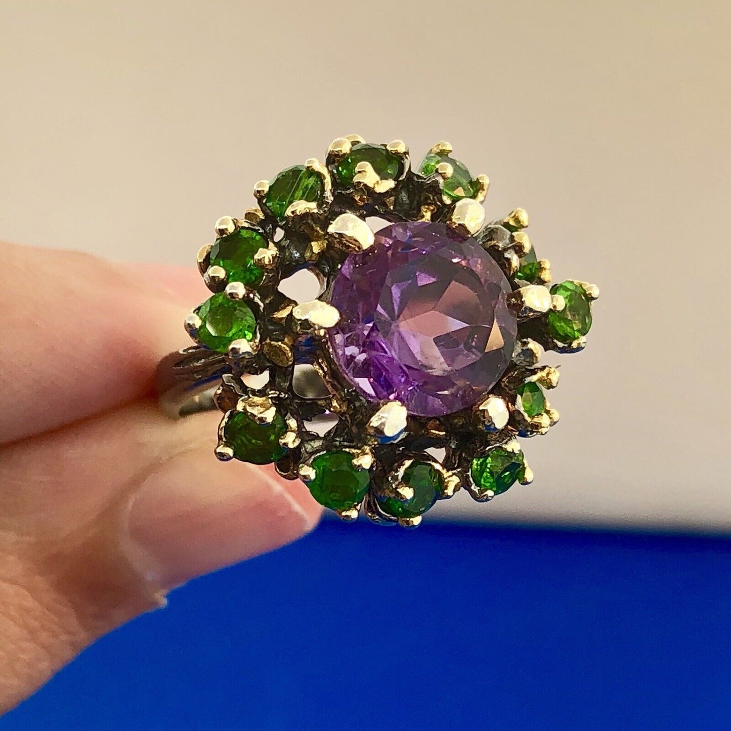 Fabulous 925 Sterling Silver Amethyst Solitaire Green Garnet Halo Cluster Ring