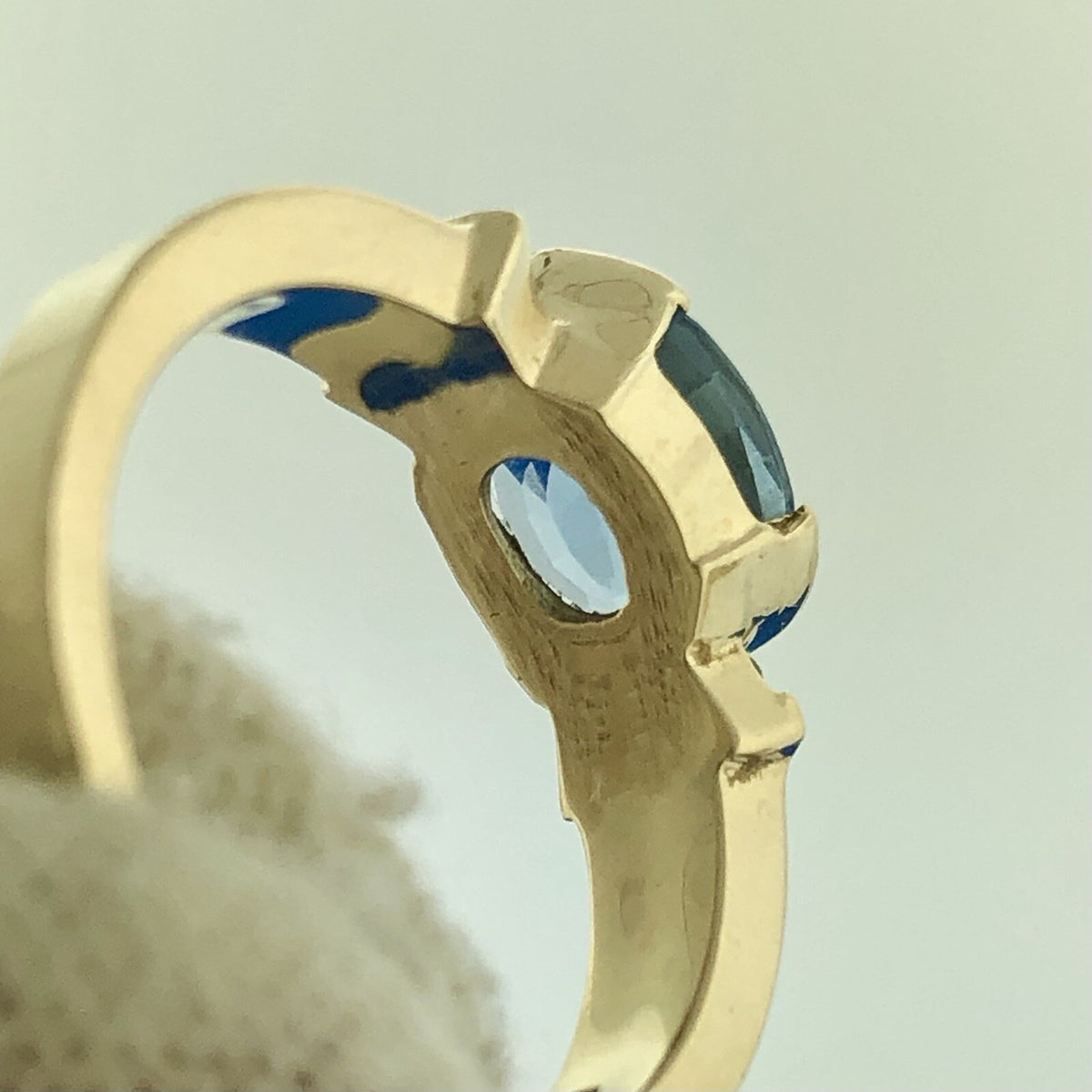 Estate Designer 14K Yellow Gold Oval Blue Topaz Diamond Accented Cocktail Ring
