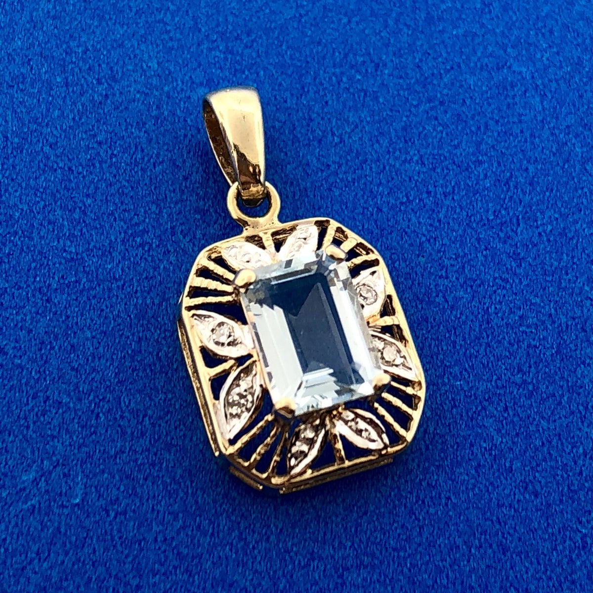 Stunning 10K Yellow White Gold Blue Topaz Diamond Filigree Charm Pendant