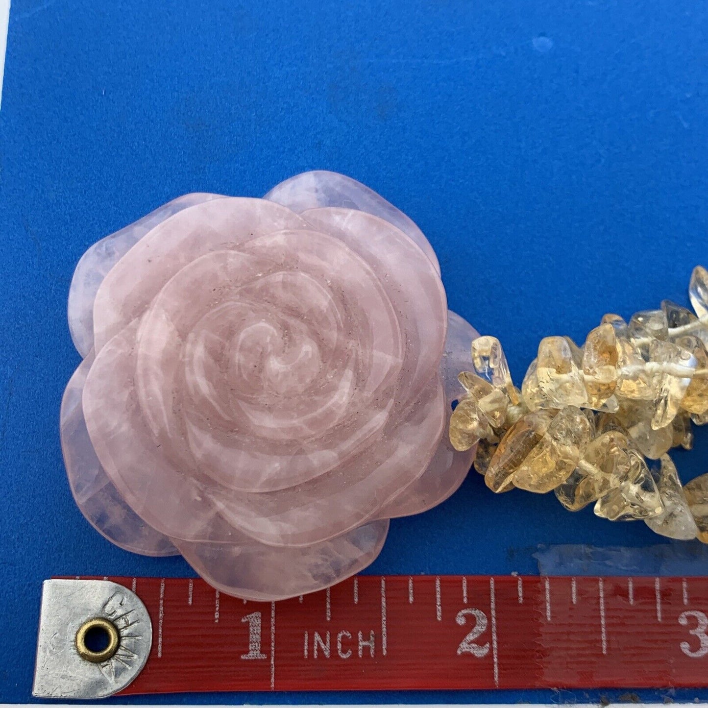 Silver Tone Carved Rose Quartz Flower Chunky Citrine Healing Statement Necklace