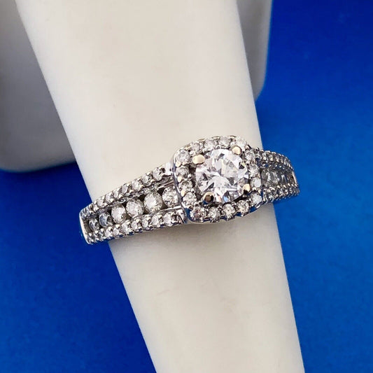 14K White Gold Round Solitaire Diamond Halo Band Accented Bridal Two Ring Set