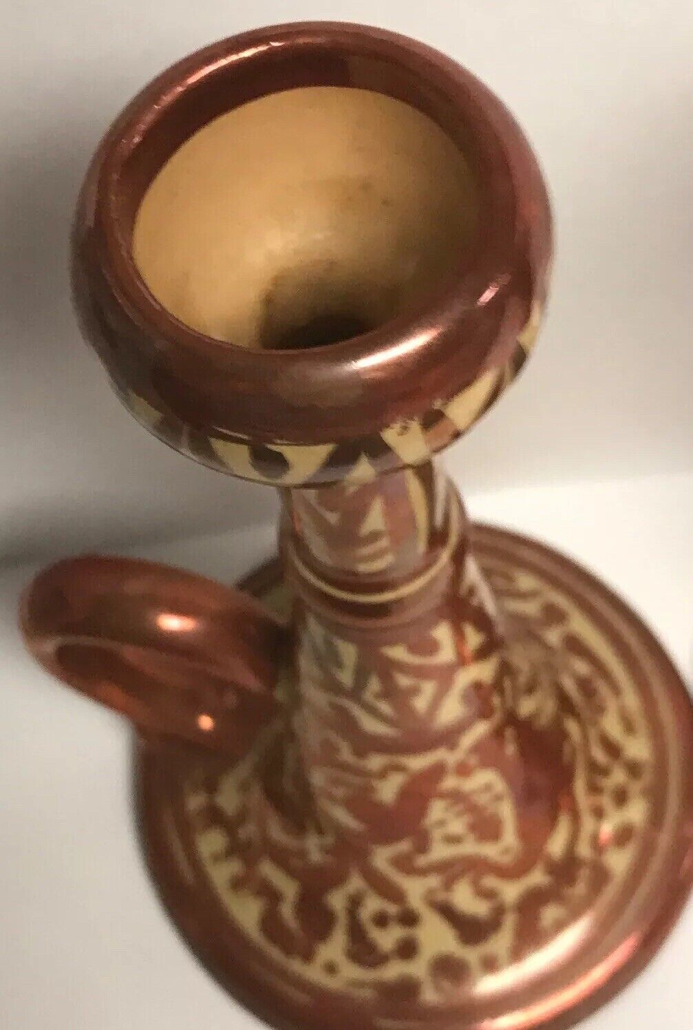 Spain Signed VC Pair Copper Metallic Glazed Hand Painted Handled Candle Holders