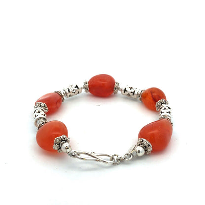 Designer 925 Sterling Silver Orange Carnelian Beaded Statement Bracelet