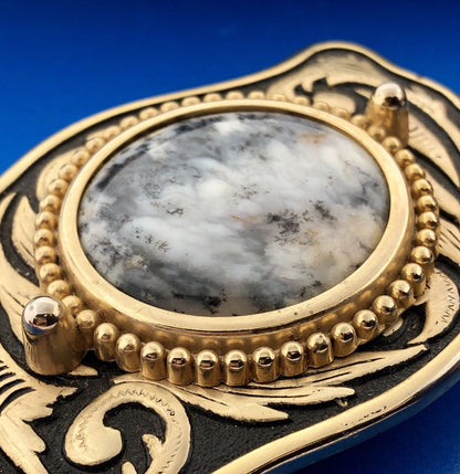 Dramatic Brass Black White Jasper Stone Scroll Intaglio Rectangle Belt Buckle