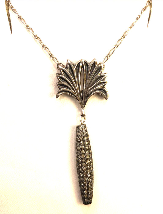 Designer Mignon Faget 925 Sterling Silver Diamond Acanthus Leaf Pendant Necklace