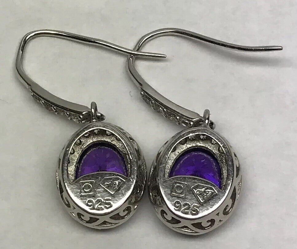 Designer Sterling Silver 925 Purple White Cubic Zirconia CZ Drop Dangle Earrings