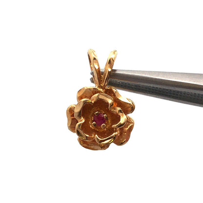 Vintage 14K Yellow Gold Ruby Rose Flower Petite Charm Pendant