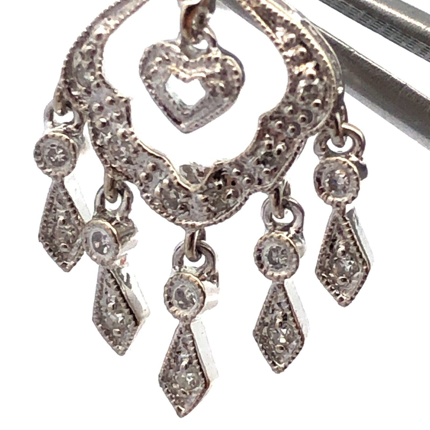 Designer ISP 14K White Gold Diamond Heart Dangle Chandelier Drop Stud Earrings