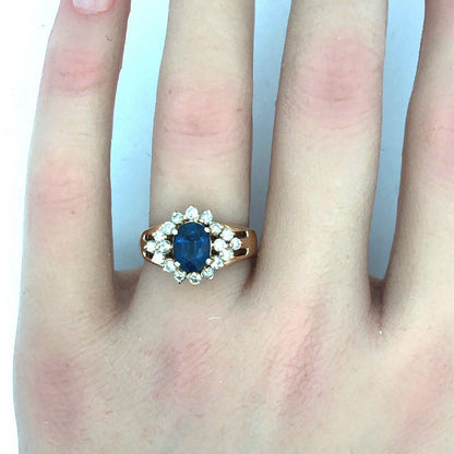 Vintage 14K Yellow Gold Oval Blue Sapphire Round Diamond Halo Anniversary Ring