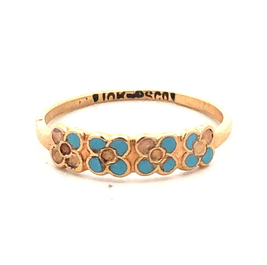 10K Yellow Gold Vintage PSCO Blue Enamel Flower Floral Stackable Band Ring