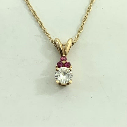 Vintage 14K Yellow Gold Diamond Ruby Accented Pendant Necklace