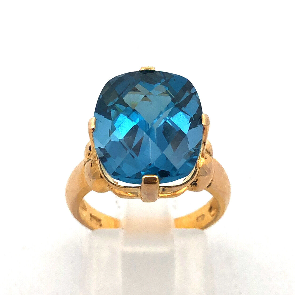 Stunning 10K Yellow Gold Rectangle Cushion Cut London Blue Topaz Cocktail Ring