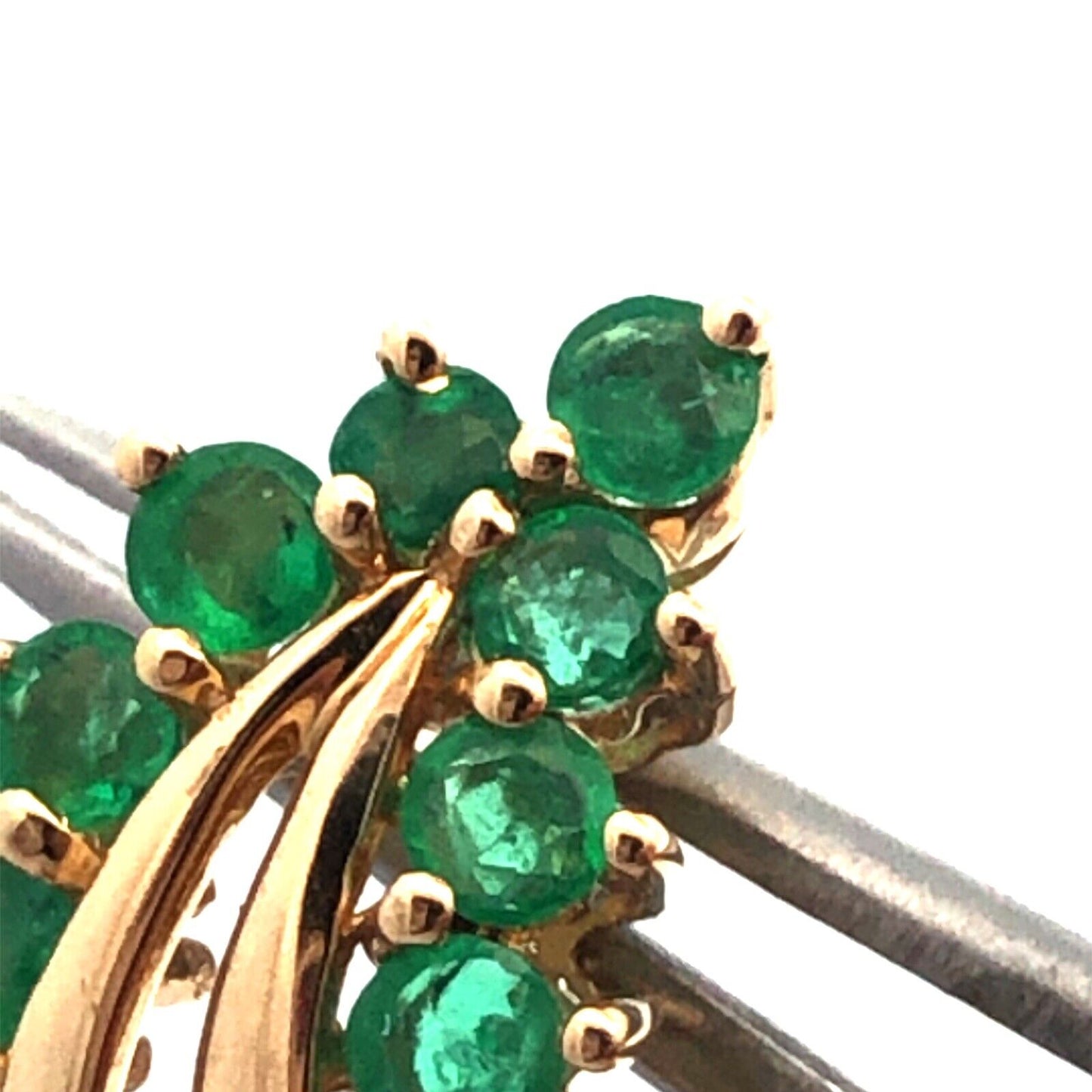 14K Yellow Gold Designer CET Round Green Emerald Leaf Statement Stud Earrings