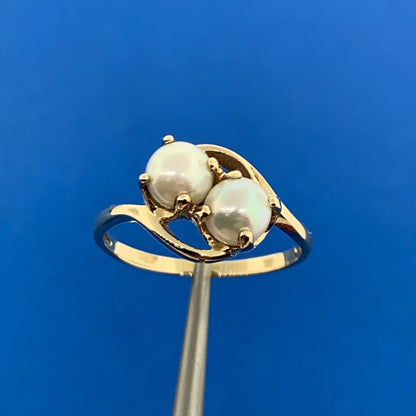 10K Yellow Gold Pearl Duo Bypass Cocktail Ring