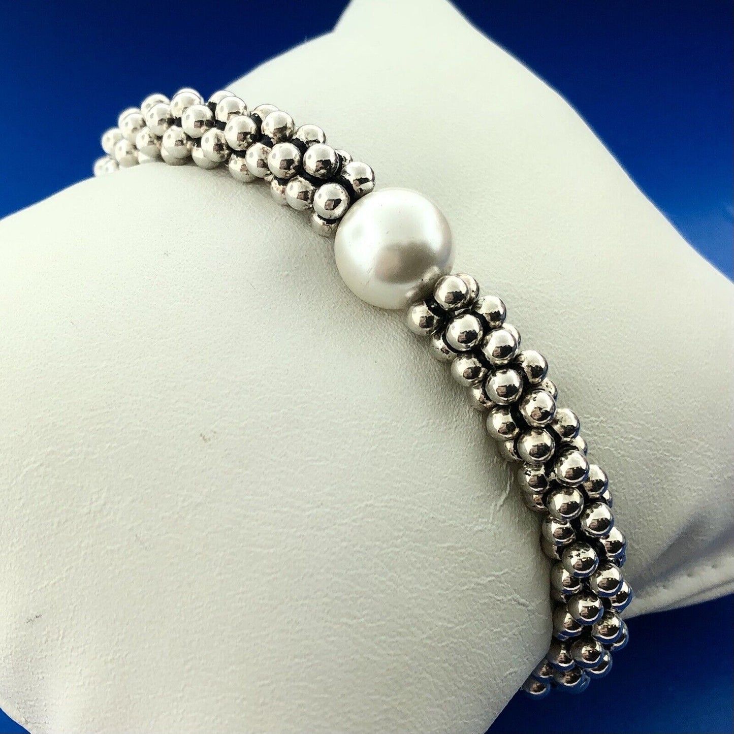 Elegant 925 Sterling Silver Pearl Solitaire Ball Bead Snake Toggle Bracelet