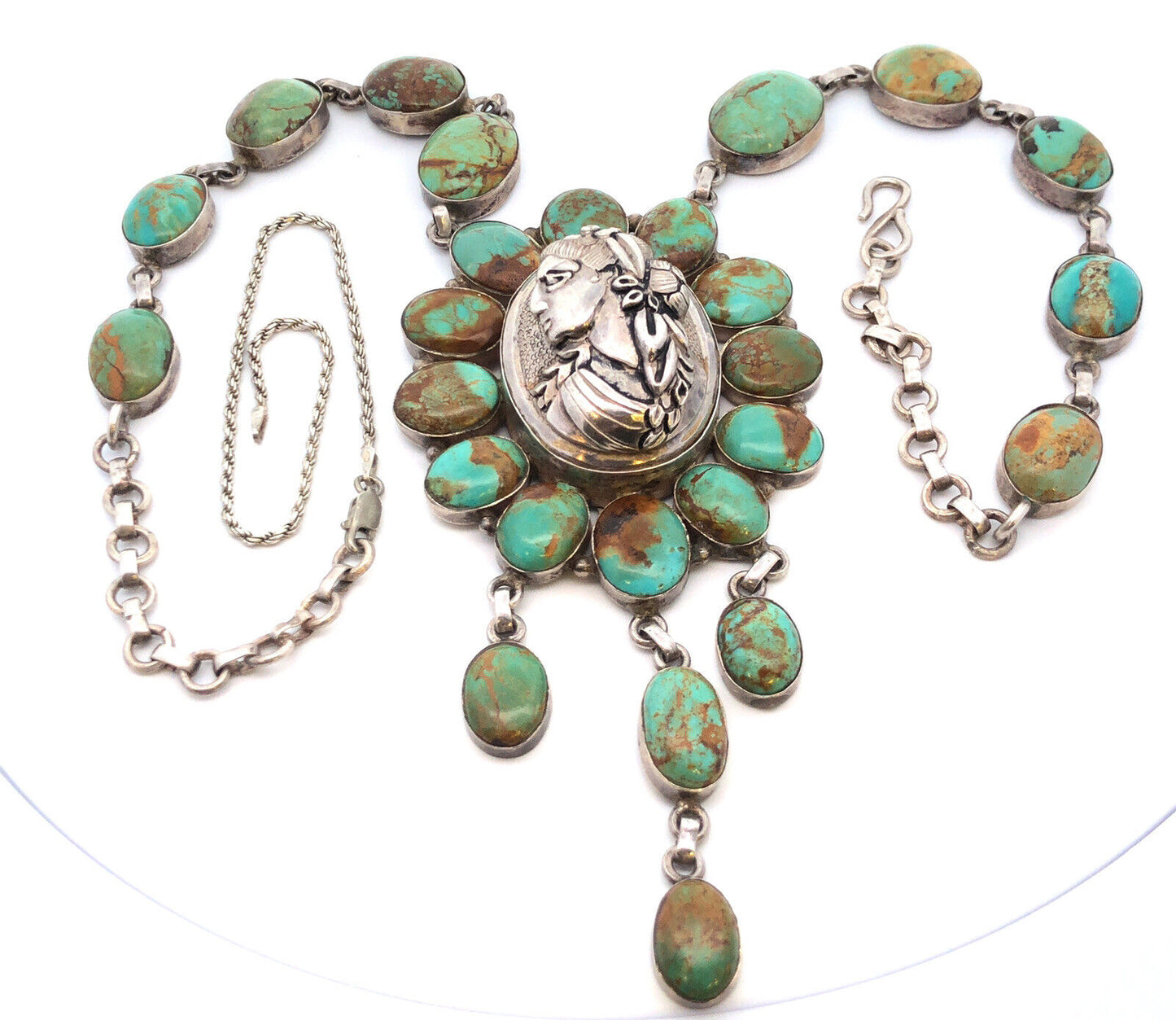 Vintage Native American 925 Sterling Silver Green Turquoise Statement Necklace