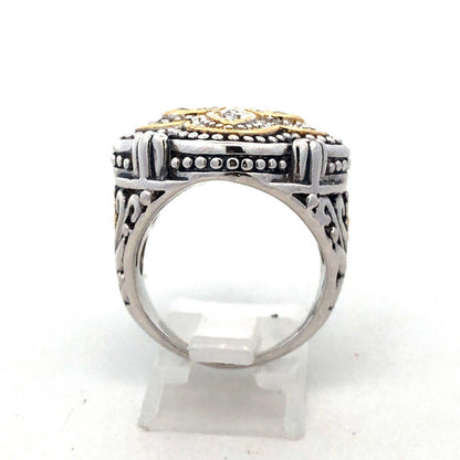 925 Sterling Silver Two Tone Cubic Zirconia Fleur De Lis Statement Ring