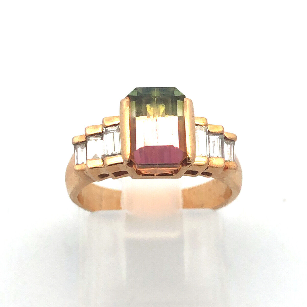 Vintage 14K Yellow Gold Watermelon Tourmaline Diamond Waterfall Cocktail Ring
