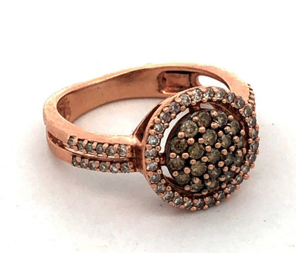 Estate 14K Rose Gold Round Chocolate Diamond Pave Cluster Halo Cocktail Ring