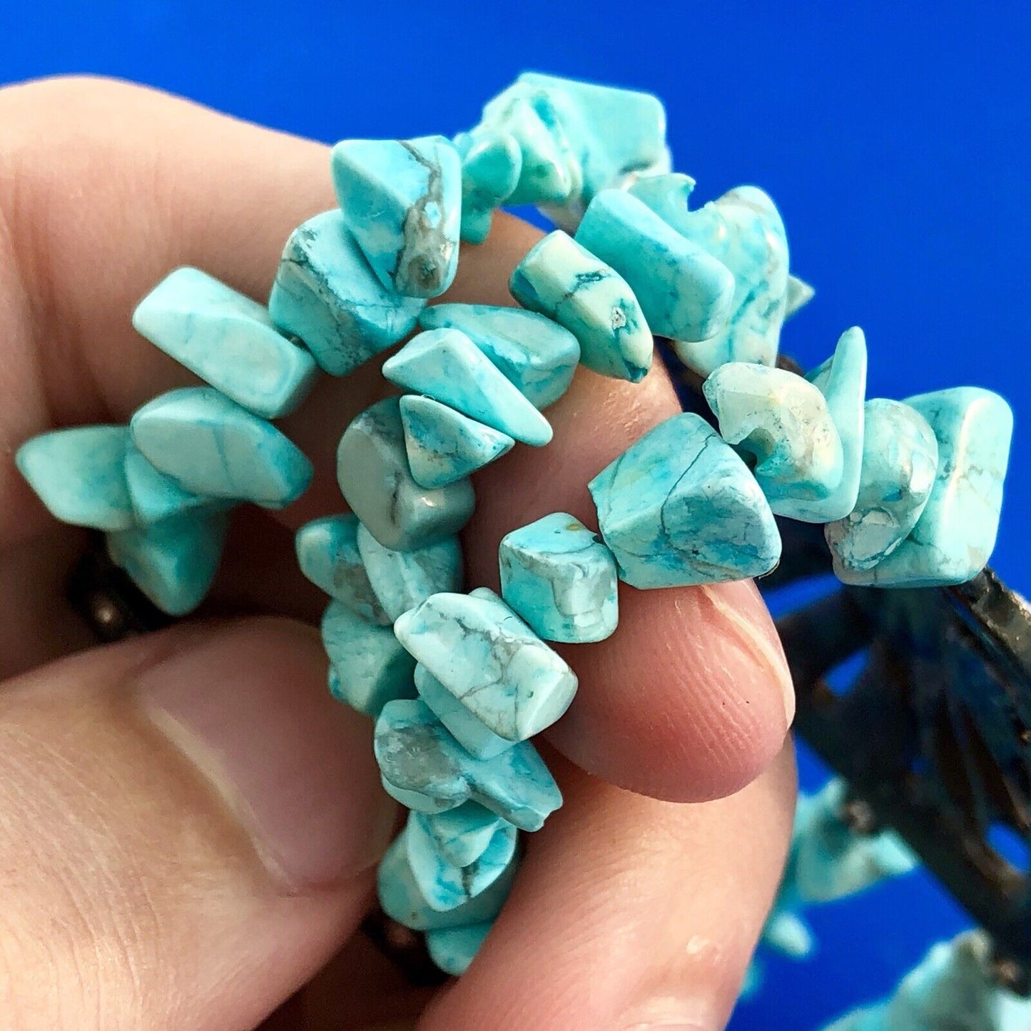 Dark Tone Metal Faux Turquoise Rhinestone Glass Three Strand Statement Bracelet