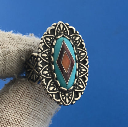 Carolyn Pollack Sterling Silver 925 Turquoise Amethyst Coral Finger Ring Size 7